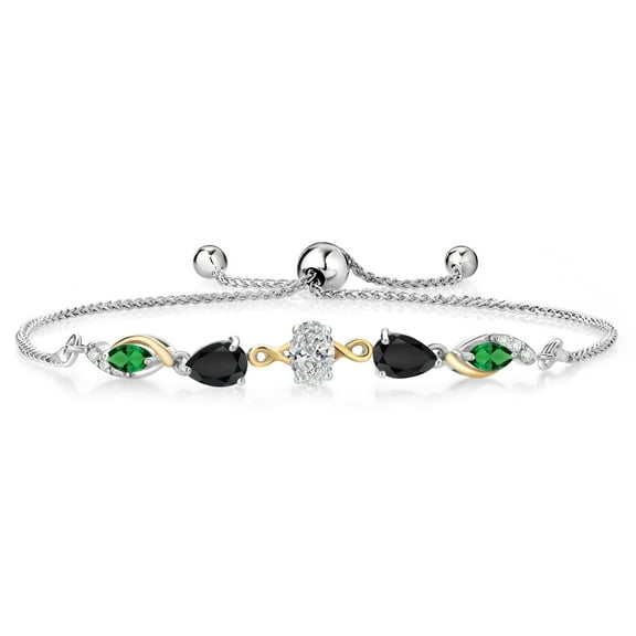 Gem Stone King 925 Silver and 10K Yellow Gold Lab Grown Diamond, Black Onyx and Green Nano Emerald Bracelet for Women | 1.60 Cttw | Gemstone April Birthstone | Oval 6X4MM | Fully Adjustable 9 inch