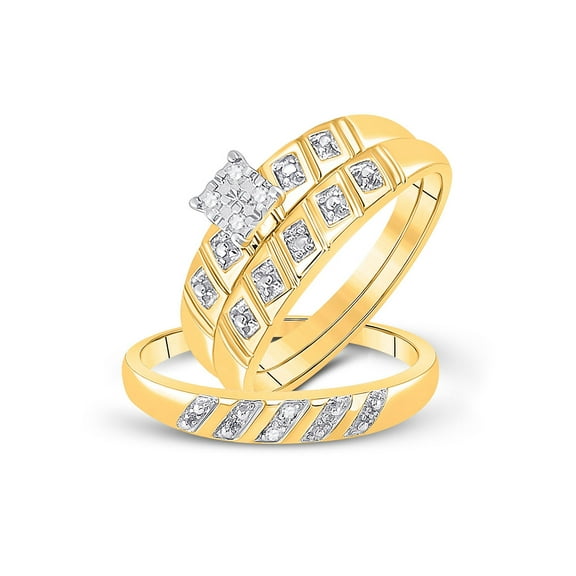 10kt Yellow Gold His Hers Round Diamond Square Matching Wedding Set 1/12 Cttw