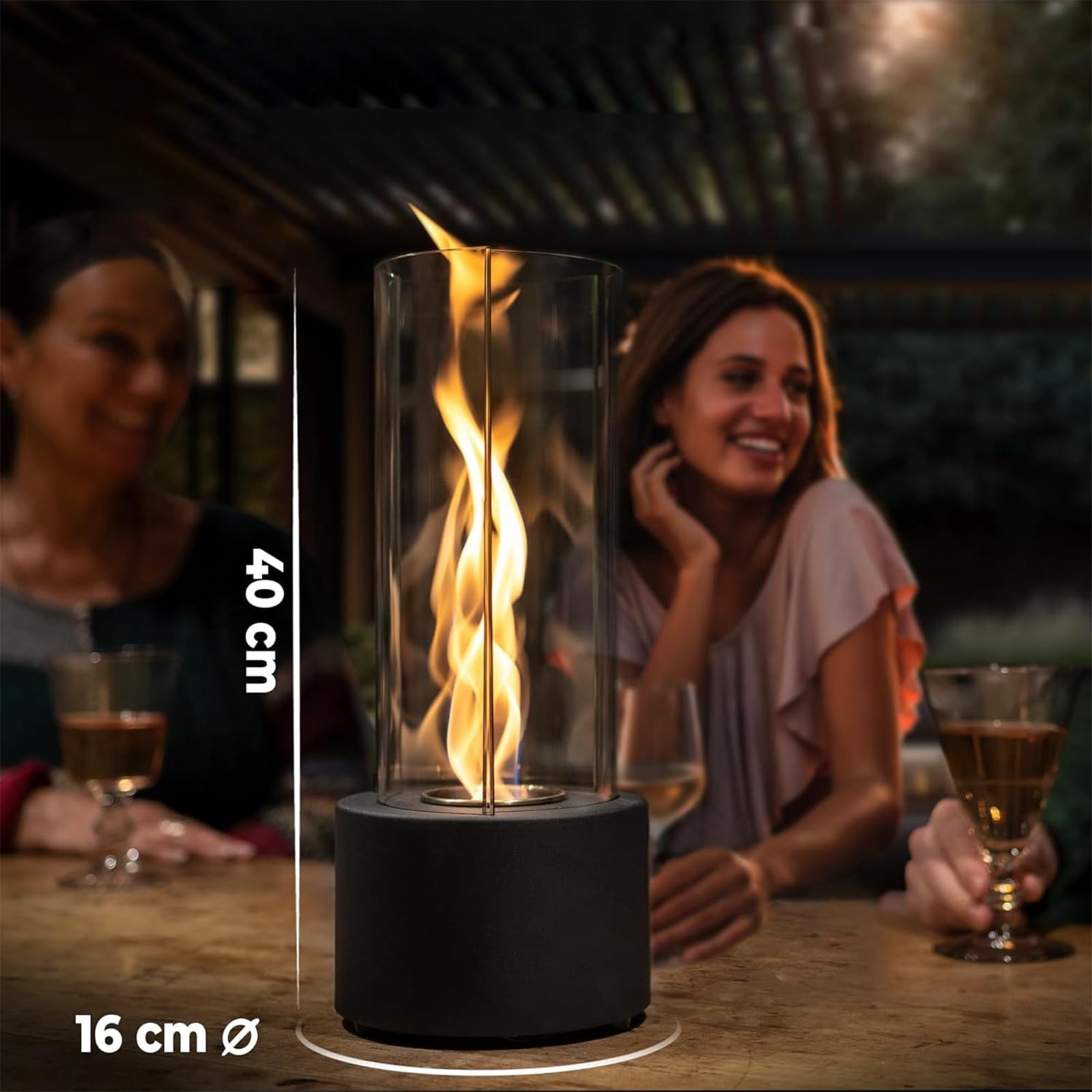 KORNIFUL Tabletop Fire Pit, Tornado Spiral Flame Fireplace with Windproof Tempered Glass, Portable Indoor & Outdoor Fire Feature, 15.7" Black