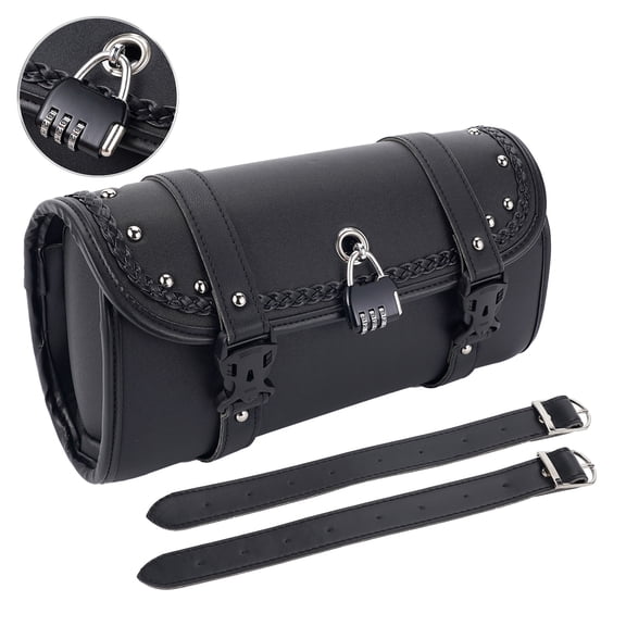 XiongXiong Motorcycle Tool Fork Bag, PU Leather Universal Saddlebag with Lock for Front Fork Handlebar Sissybar Storage Pouch Roll Bag, Black