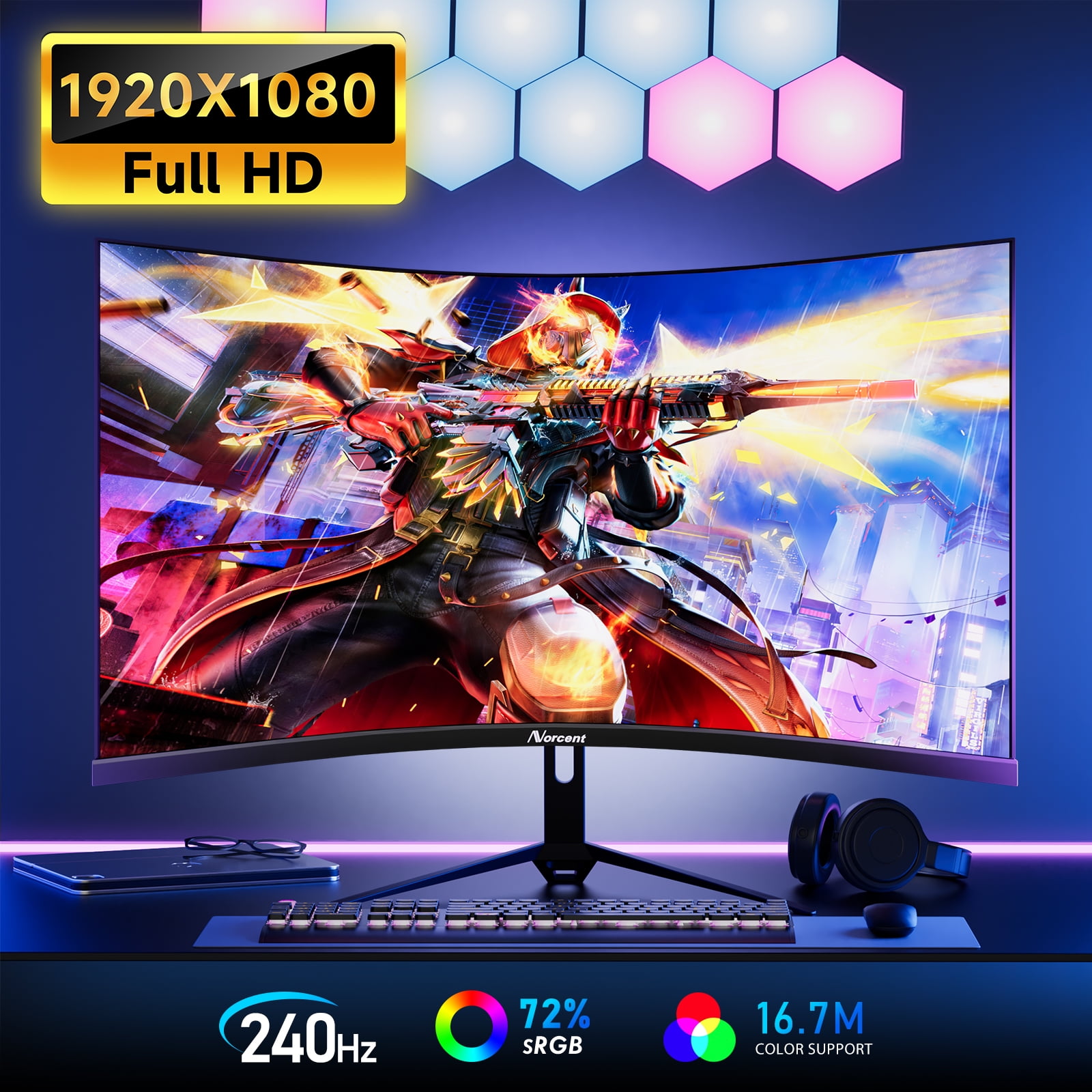 Norcent 27-inch FHD VA Gaming Curved Monitor with Rainbow Lights, 240Hz Refresh Rate, Eye Care 1080P Display, FreeSync G-Sync Compatible, 1ms DisplayPort, HDMI, DP and Speakers