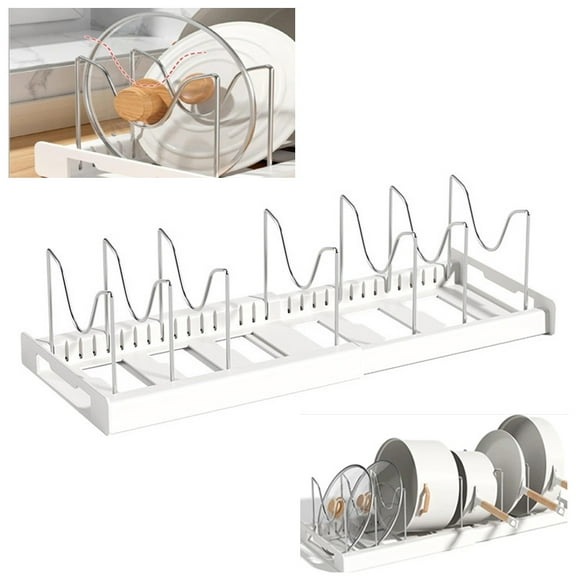 Pots and Pans Organizer Under Cabinet - Expandable Cookware & Lid Holder Rack with 7 Adjustable Dividers for Kitchen Cabinet, Countertop | Baking Pan and Tray Organizer
