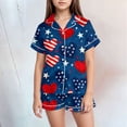 thumbnail image 2 of Gubotare Summer Girl Pajamas Girls Pajamas Set Bow Satin Sleepwear Short Sleeve Jammies for Kids Button-Down Nightwear Size 10-11 (Navy,10-11 Years), 2 of 5