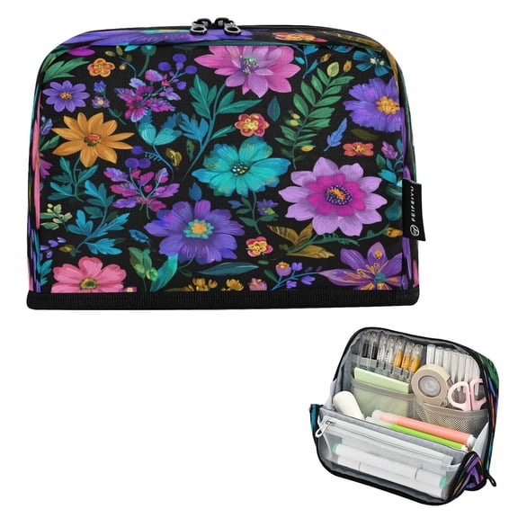 Standing Pencil Case with Base Large Capacity Stationery Pouch Pen Bag with Zipper for Women Men Colorful Flowers and Vines