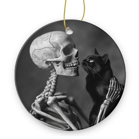 Skeleton Holding Black Cat - Christmas Ornament Xmas Keepsake Ceramic Ornaments Holiday Decorations for Tree Christmas Gift Ideas 2.95in