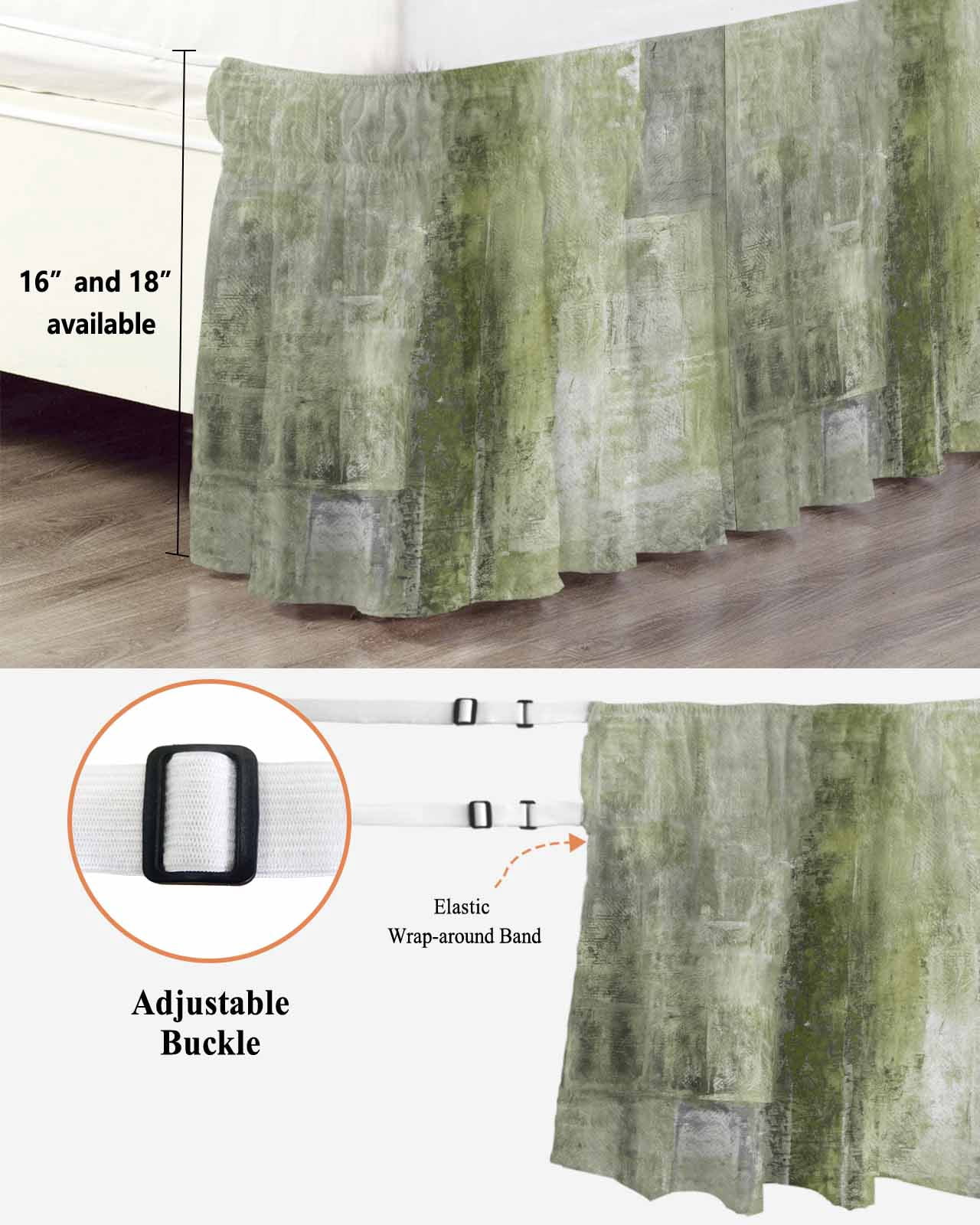 Sage Green Wrap Around Bed Skirts for King Bed 16" Drop,Bed Skirt with Adjustable Elastic Belt Dust Ruffle Bed Valance for Bedroom Retro Oil Painting Modern Abstract Art Aesthetics Bed Frame Cover