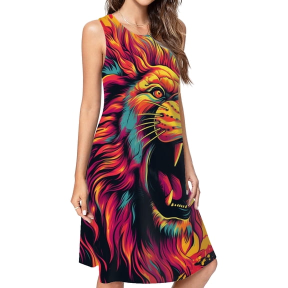 Colorful Roaring Lion Art Casual Sleeveless Loose Sundress Dress For Women Summer Dress Daily Woman