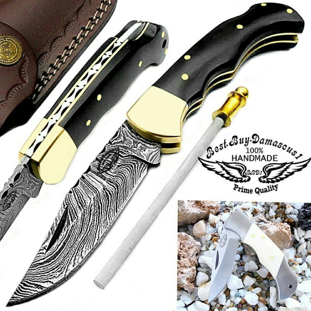 Pocket Knife 6.5'' Buffalo Horn Damascus Steel Knife Brass Bloster Lock Knife + Real Horn Handel Knife + Sharpening Rod Pocket Knives 100% Prime Quality+ Camel Small Pocket Knife - Walmart.com