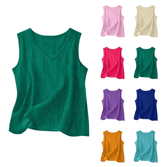 Women's Cotton Linen V Neck Sleeveless Tank Top Casual Summer Loose Fit
