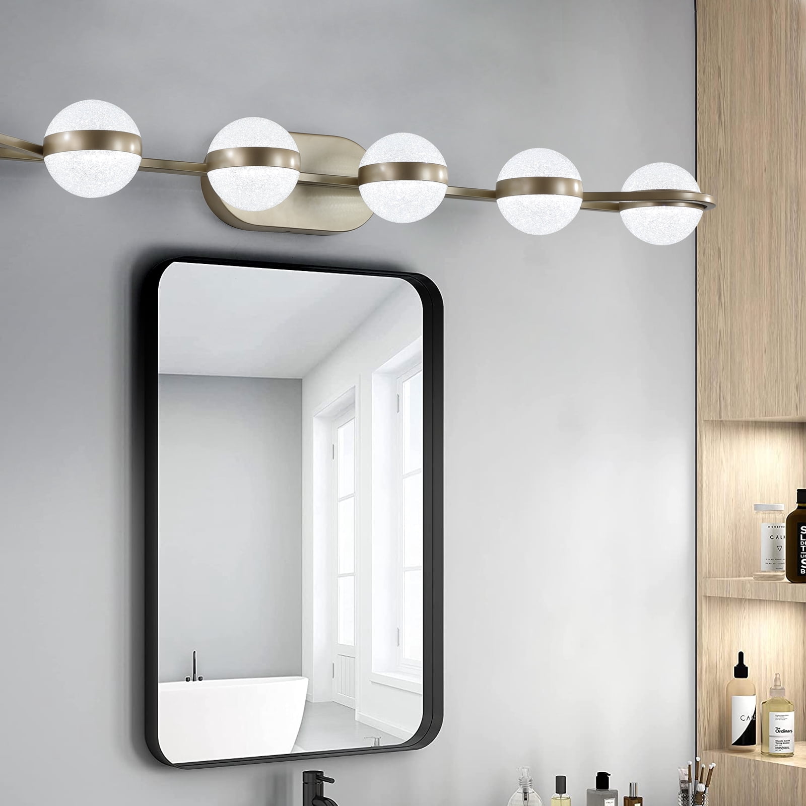 43" Gold Minimalist LED Bathroom Vanity Light with Crystal Sand Acrylic Shades, 6-Light Wall Mounted Decorative Lighting Fixture, Suitable for Bathroom Vanity Mirror