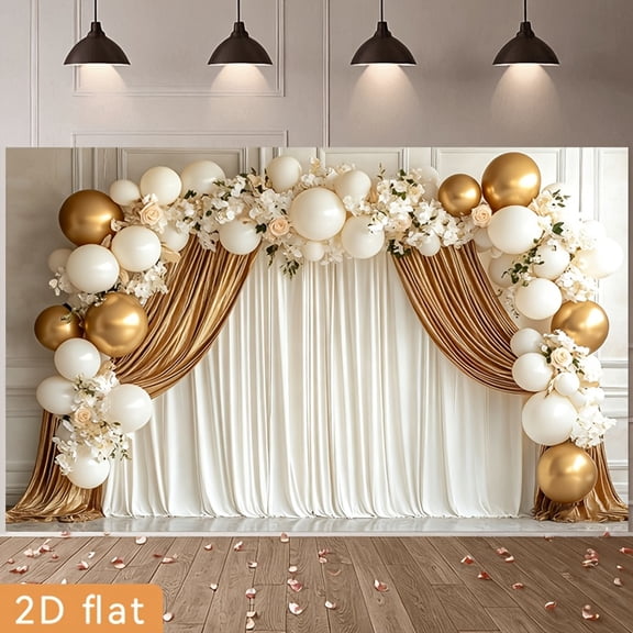 Elegant Wedding Backdrop White Golden Balloons Arch Curtains Bridal Shower Background White Floral Engagement Birthday Party Decorations Banner Supplies Photo Booth Props