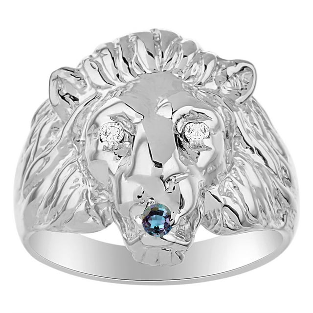 RYLOS Rings Sterling Silver Lion Head Ring Diamonds in Eyes & Gemstone Mouth Fun Designer Rings Alexandrite Jewelry Size 9