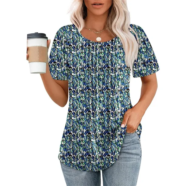 Tops de empalme de manga corta plisados para mujer, de Color sólido Jersey de rayas con cuello redondo, camiseta femenina, camisetas informales cómodas de verano