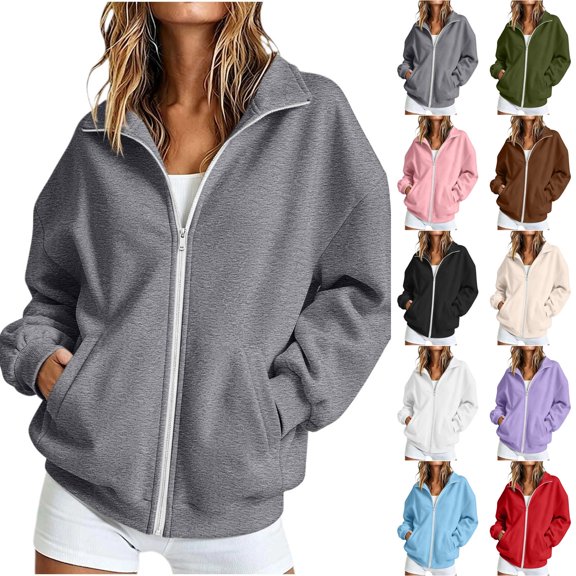 Womens Zip Up Hoodies 2026 Y2K Casual Long Sleeve Zipper Sweatshirts Fall Winter Comfy Track Jackets with Pockets, L