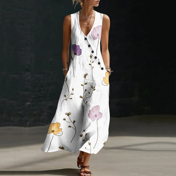 HBYJLZYG Women's Sleeveless V Neck Maxi Dress with Pockets and Button Front, Floral Print Loose Fit Casual Summer Long Vacation Beach Dress
