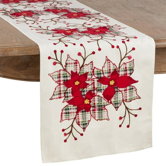 Fenncp Styles Contemporary Plaid Poinsettia Design 100% Cotton Table Runner 16 x 72 Inch