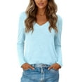 thumbnail image 2 of V Neck Long Sleeve Shirts For Women Solid Color V Neck Fashion Casual Loose Top T Shirts Fall Basic Work Tee Vacation Clothes Light Blue L, 2 of 4