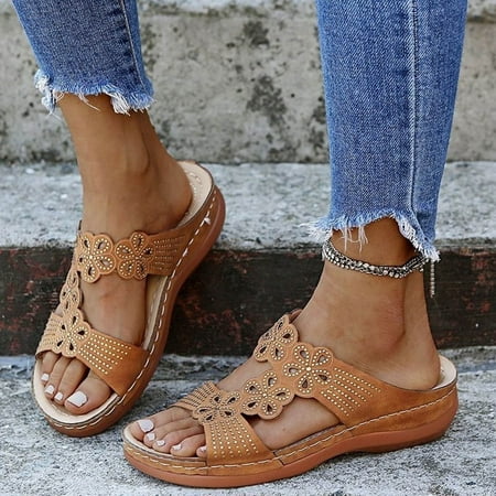 

Sunvit Women s Wedge Sandals Open Toe Low-heeled Casual Summer Slide Sandals #650 Brown