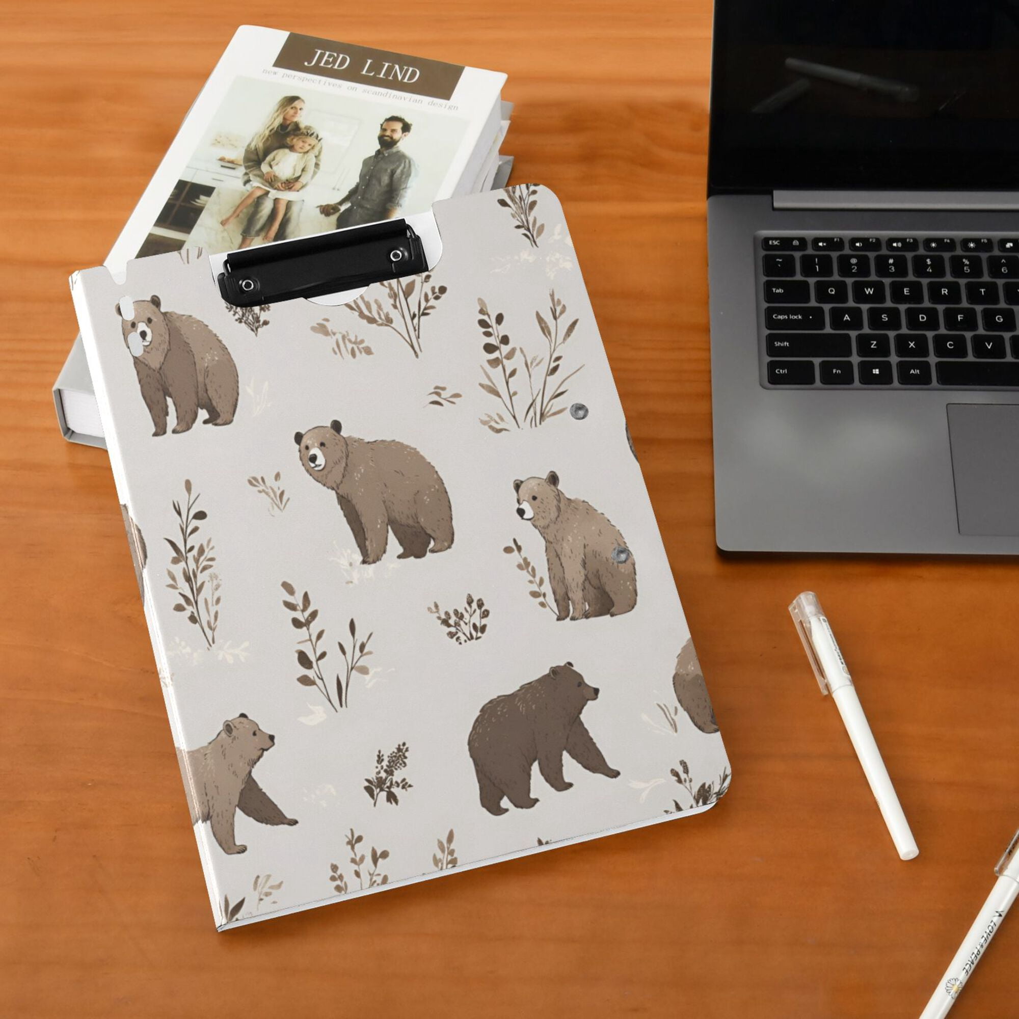 FORMRS A4 Clipboard Folder with Pen Holder Horizontal Foldable School Office Binder, Light Gray Bears