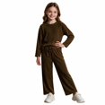 thumbnail image 3 of UKHCCC Girls Ribbed Knit 2 Piece Outfit Set, Long Sleeve Crew Neck Pullover Top and Wide Leg Pants, Casual Lounge Set, 3 of 8