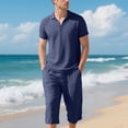 thumbnail image 2 of RYDCOT Mens 2 Pieces Cotton Linen Set Lapel Short Sleeve Shirts Casual Yoga Capri Pants Summer Beach Outfits Navy, 2 of 9