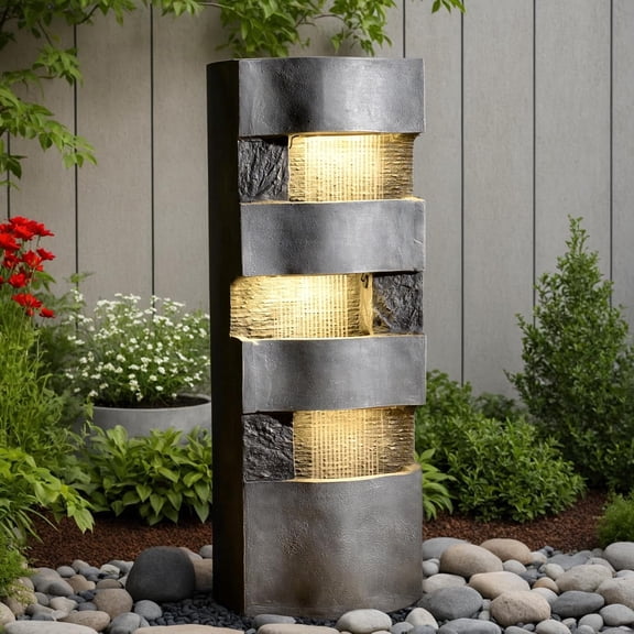 40.5''H 4-Tier Outdoor Water Fountain with LED Lights, Floor Standing Waterfall for Garden Patio & Home Art Decor