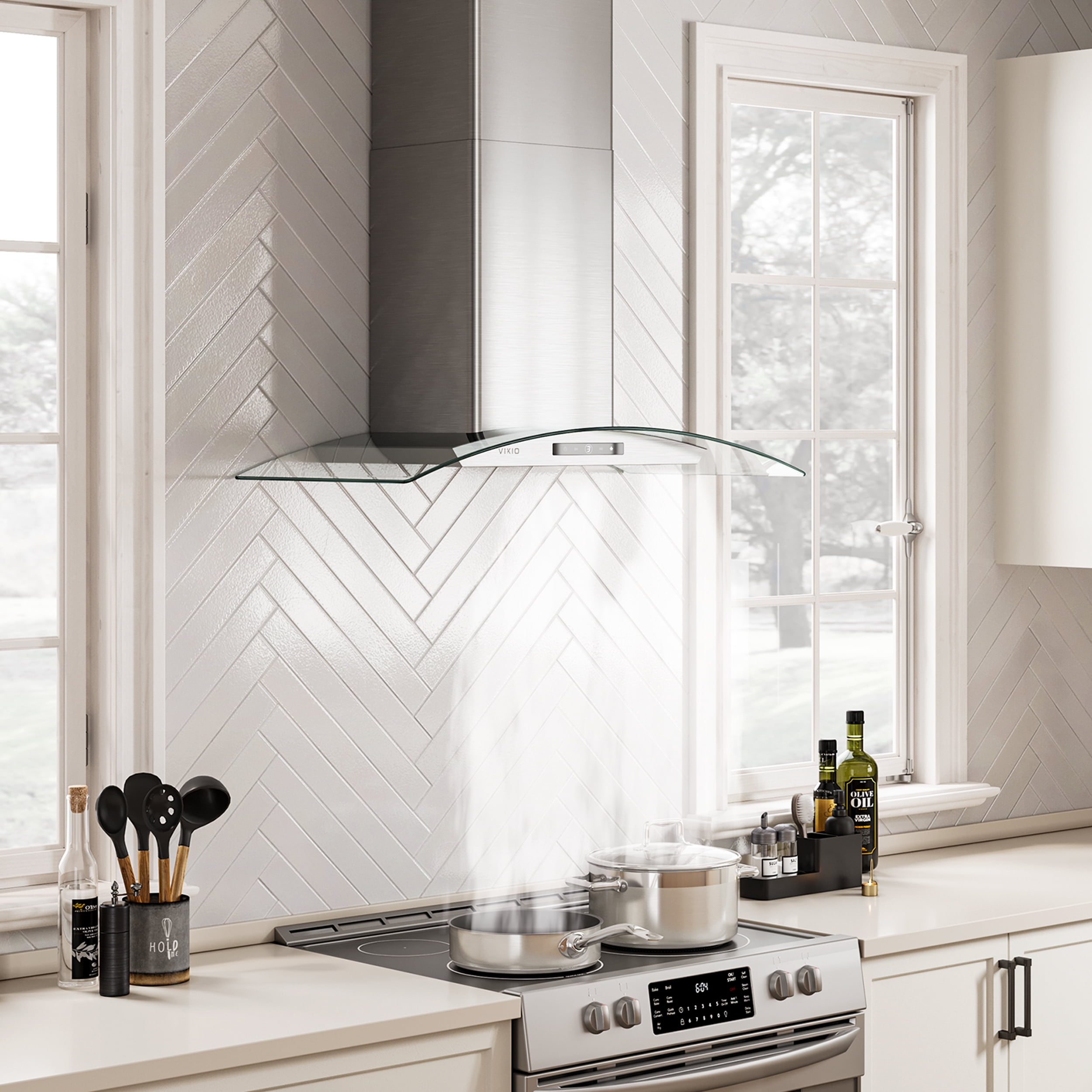 VIKIO 36 in. Wall Mount Range Hood in Stainless Steel and Curved Glass with 3-Speed Fan, Convertible Ducted and Ductless Installation, Touch Control, LED Lights and Carbon Filters Included