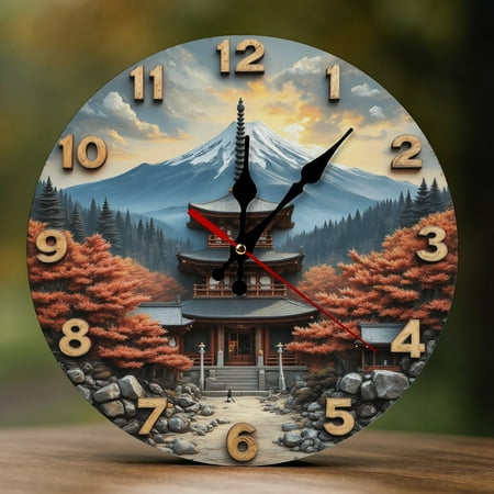 Wall Clock Decorative - Japanese Temple Autumn Print 2D Vintage Wall Clocks Battery Operated Silent Non-Ticking for Bedroom, Living Room, Kitchen, Office, Classroom, 10 Inch