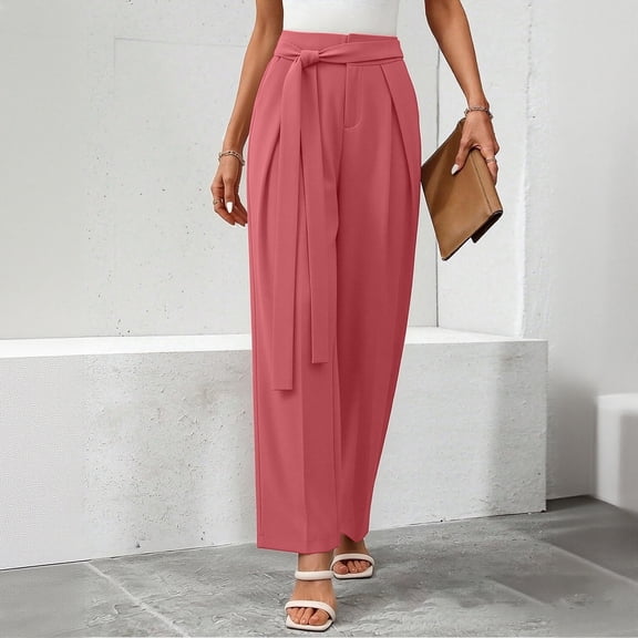 Pounoo Women's High Waist Tie Waist Wide Leg Pants with Belt Detail Casual Office Work Wear Lightweight Breathable Comfortable Trousers Gift