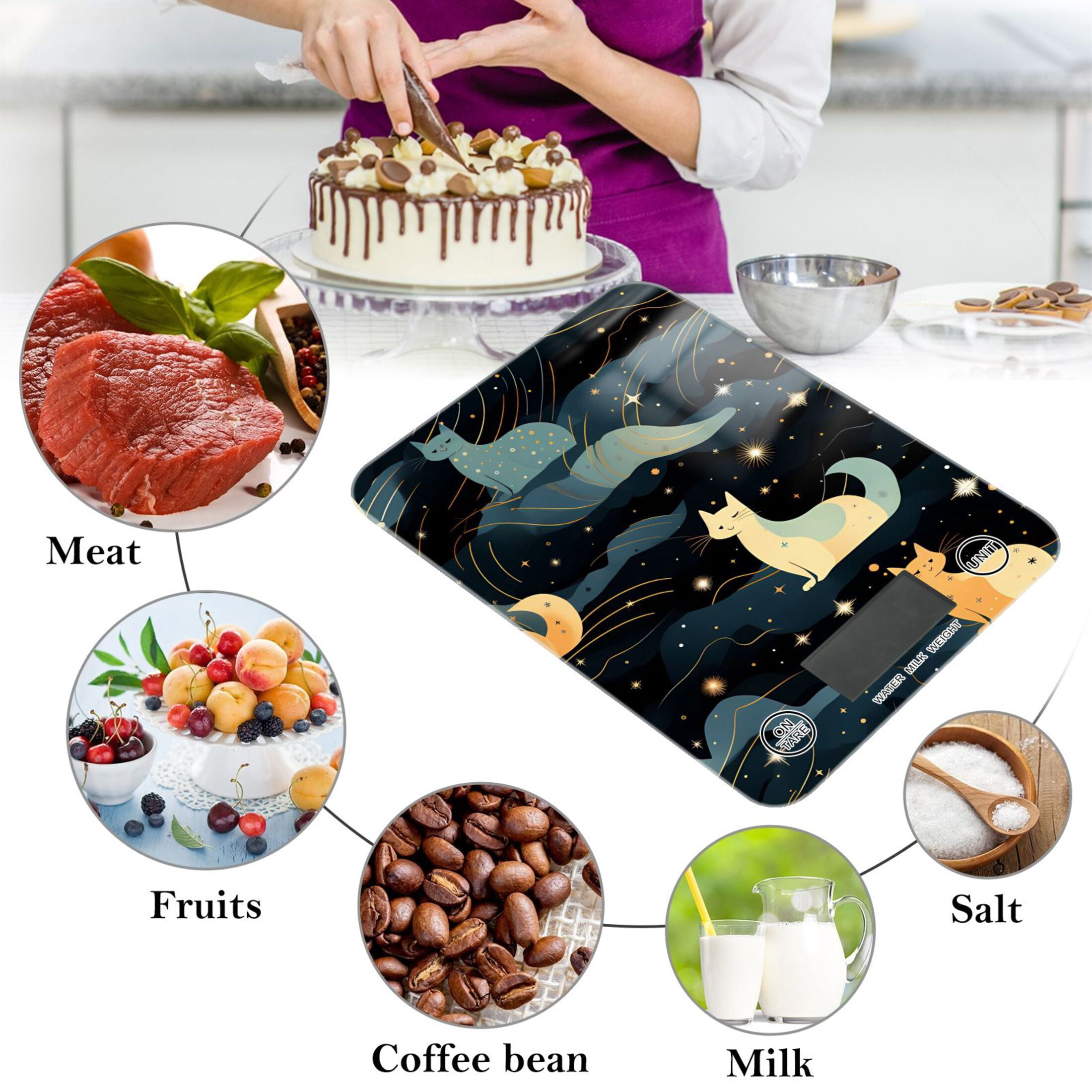Cats Clouds Stars Food Scale Digital Kitchen Scale Waterproof Tempered Glass Tare Function 11 lb for Baking Cooking Meal Prep