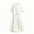 thumbnail image 4 of Women Two Piece Set 3/4 Sleeve V Neck Tops and High Waist Wide Leg Pants with Contrast Hem Summer Cotton Linen Outfits, M, 4 of 5