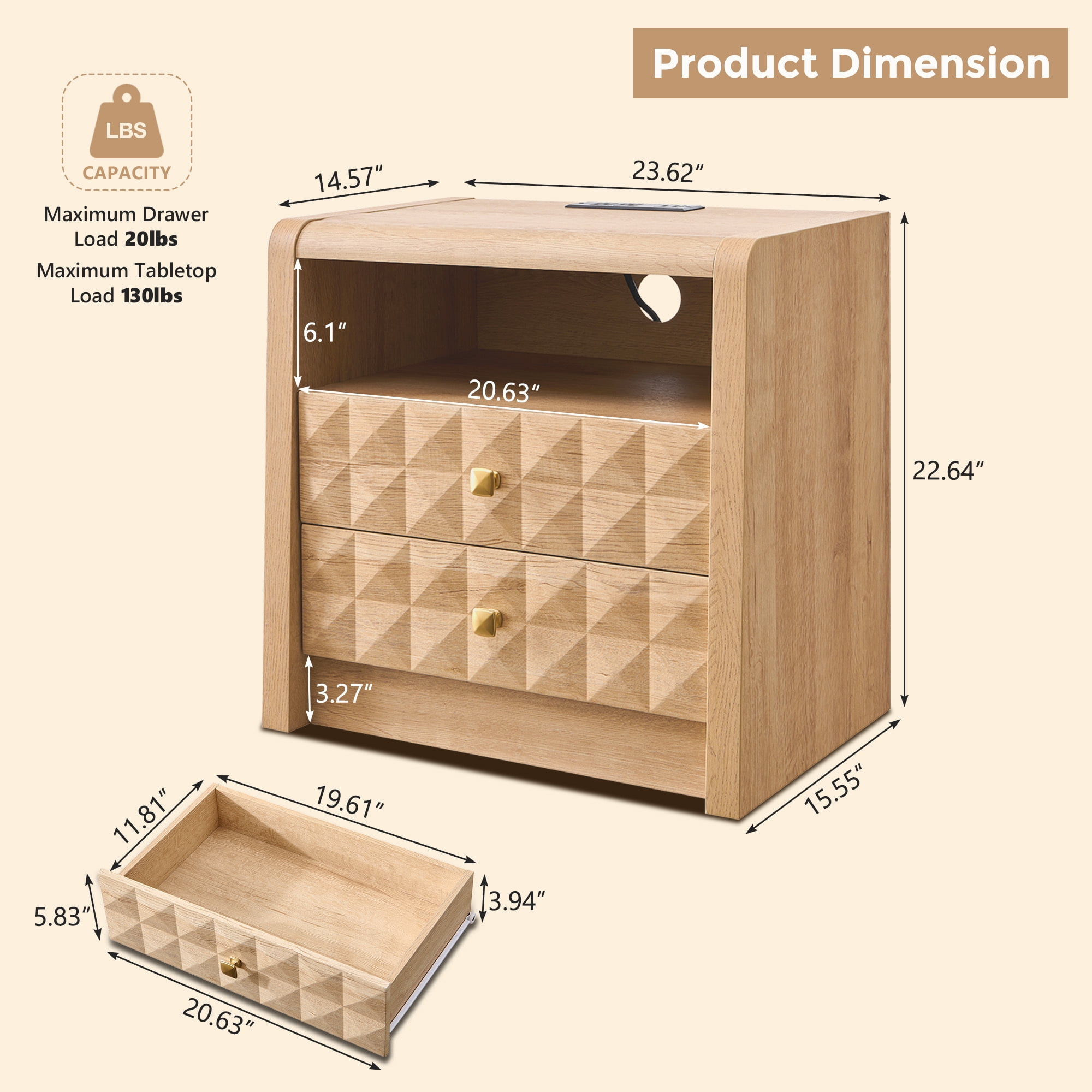 AsterOutdoor Modern Nightstand with Charging Station, Wood End Table w/Diamond Panel Decorate, 2 Storage Drawers, for Bedroom, Living Room