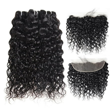 Allove Brazilian Virgin Hair Lace Frontal Closure with 3 Bundles 7A Brazilian Human Hair Water Wave, 18