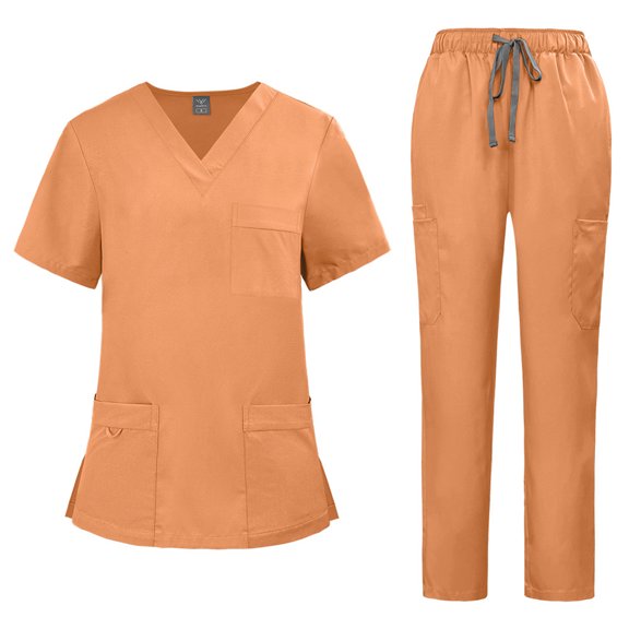 KDDYLITQ Scrubs for Women Cute Nursing Uniform Drawstring Pants Matching Short Sleeve V Neck Tops Stretchy Medical Lounge Trendy Scrub Sets with Pockets Orange L