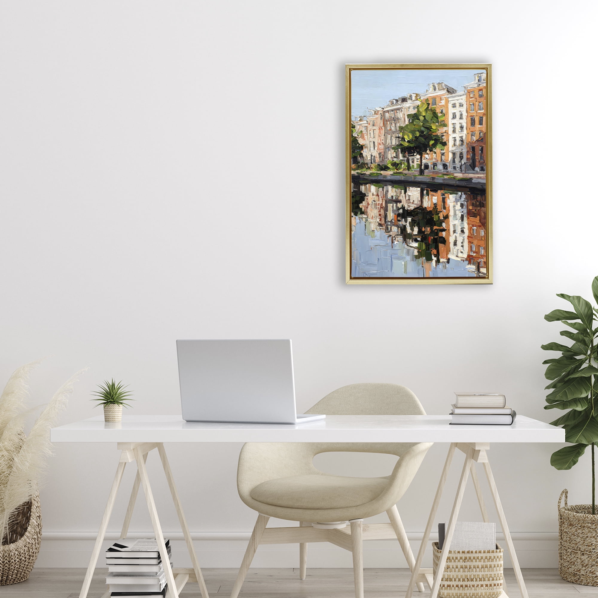 Stupell Industries Waterside Apartments on Canal Gold Framed Floater Canvas Wall Art, design by Petal Prints Design