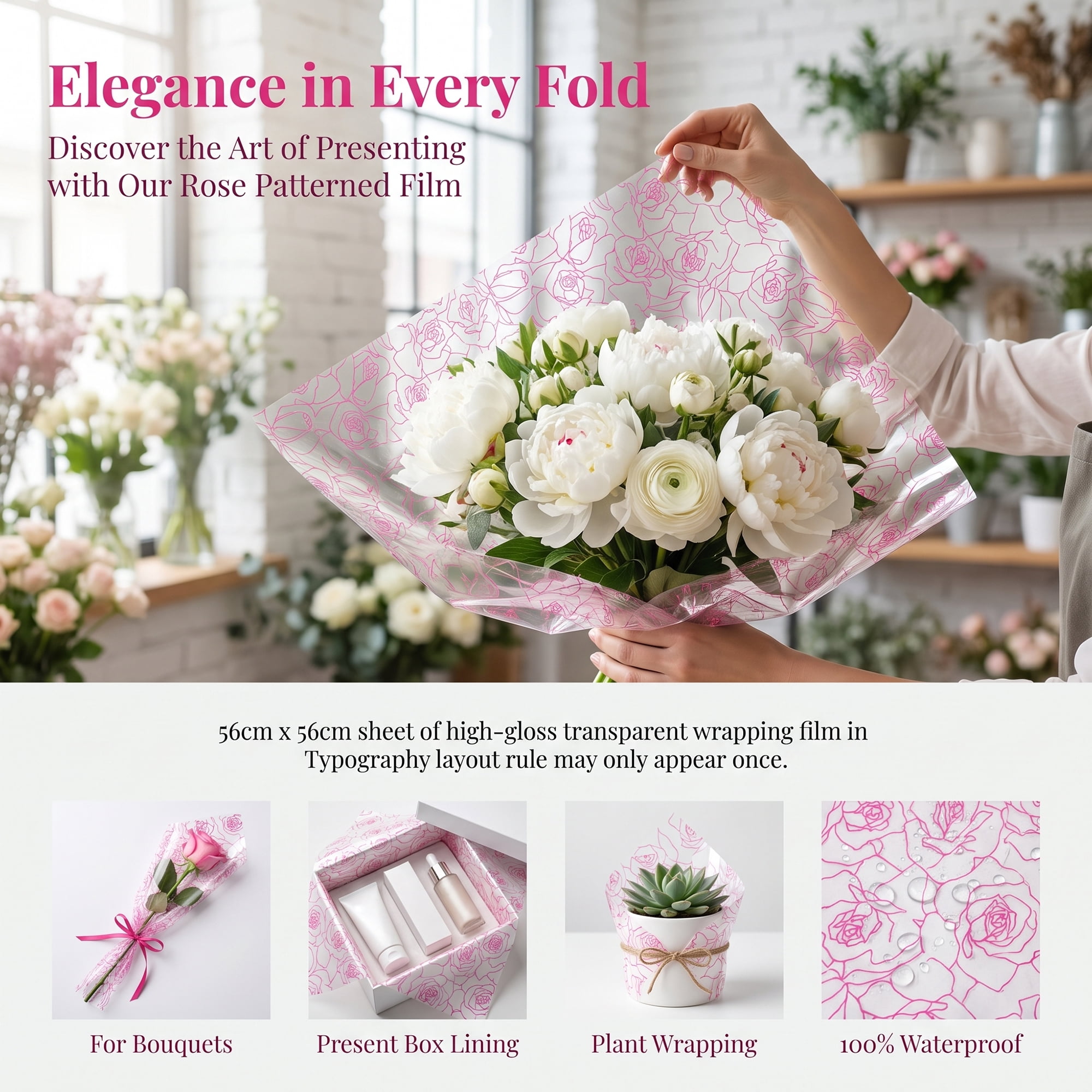 Unique Bargains Gift Wrapping Paper with Rose Pattern for Arrangements Rose Red 22"x 22"