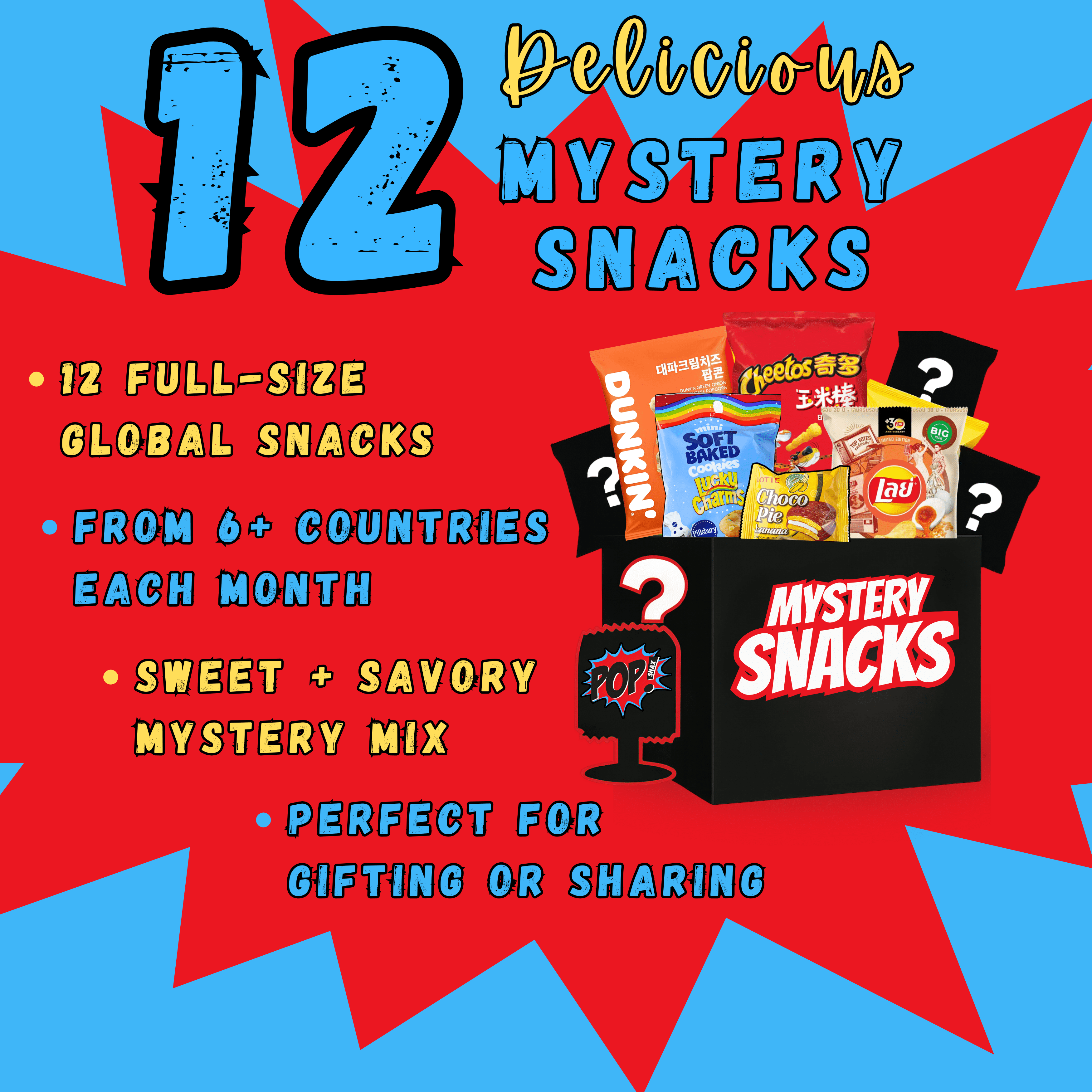 Pop Snax International Mystery Snack Box | 12 Global Treats Variety Pack | The Teaser Mystery Snack Gift Basket with Chips, Candy & Cookies