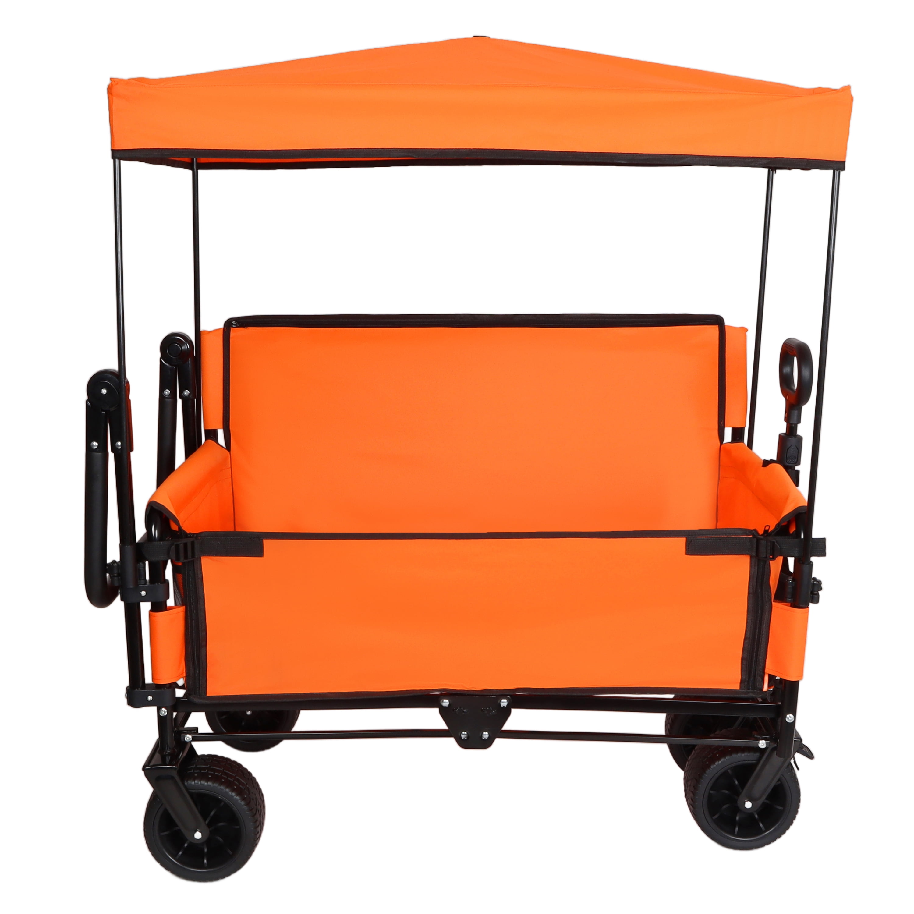 3-in-1 Folding Wagon Cart with Bench Seat & Canopy, 500lbs Heavy-Duty, 180L All-Terrain Utility Wagon for Camping Beach Sports Garden, Orange