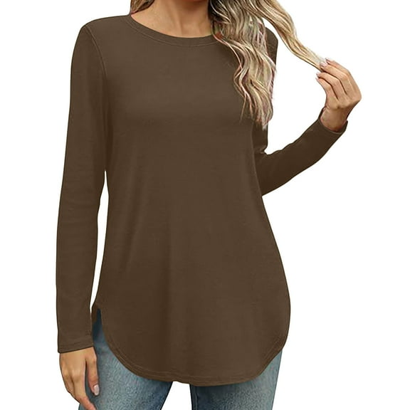 Sevevn Women Loose Round Neck Long Sleeved Printed T-shirt Top Brown M Sales Today Clearance