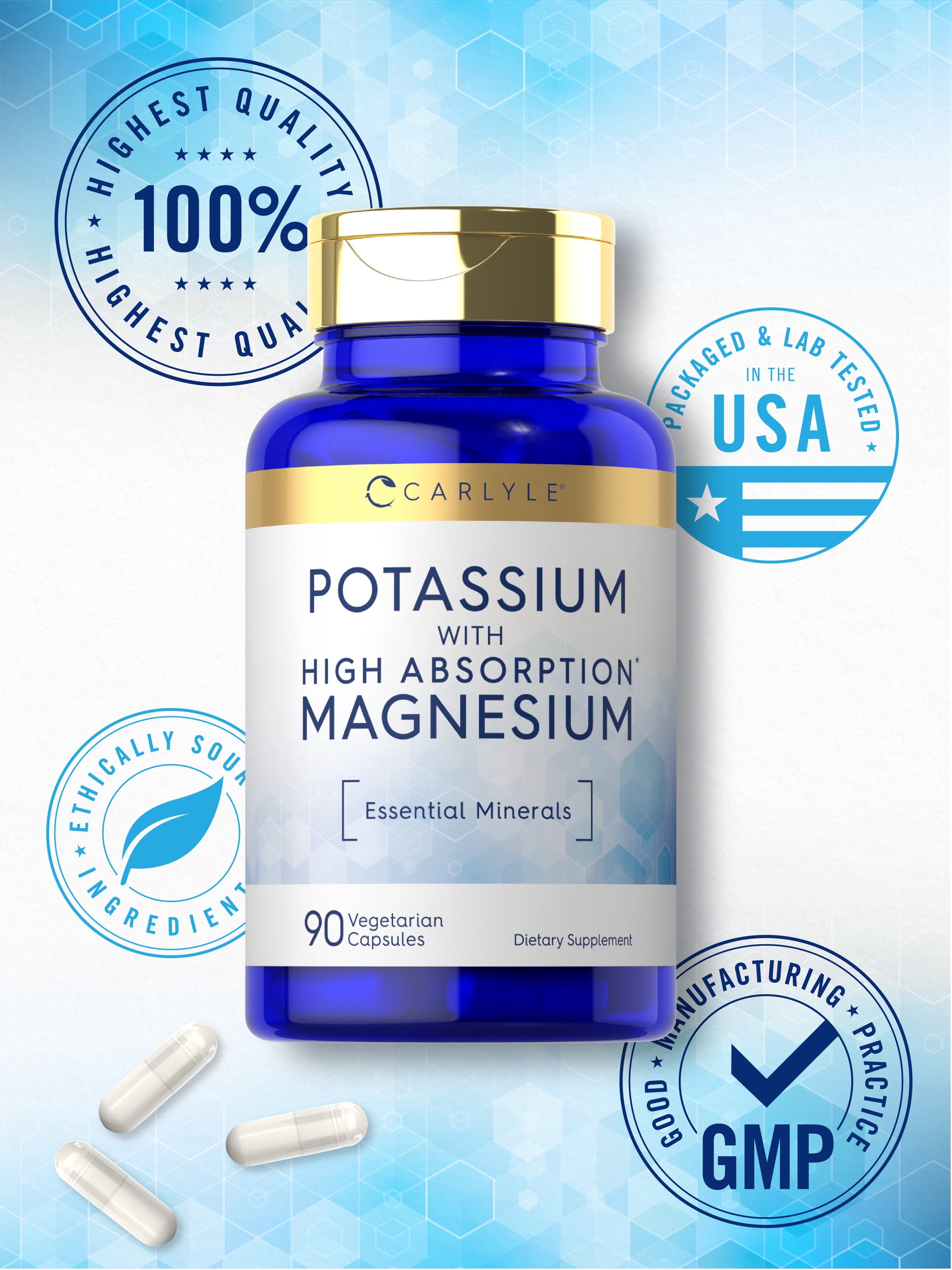 Potassium Magnesium Supplement | 90 Capsules | High Absorption | For Men and Women | by Carlyle