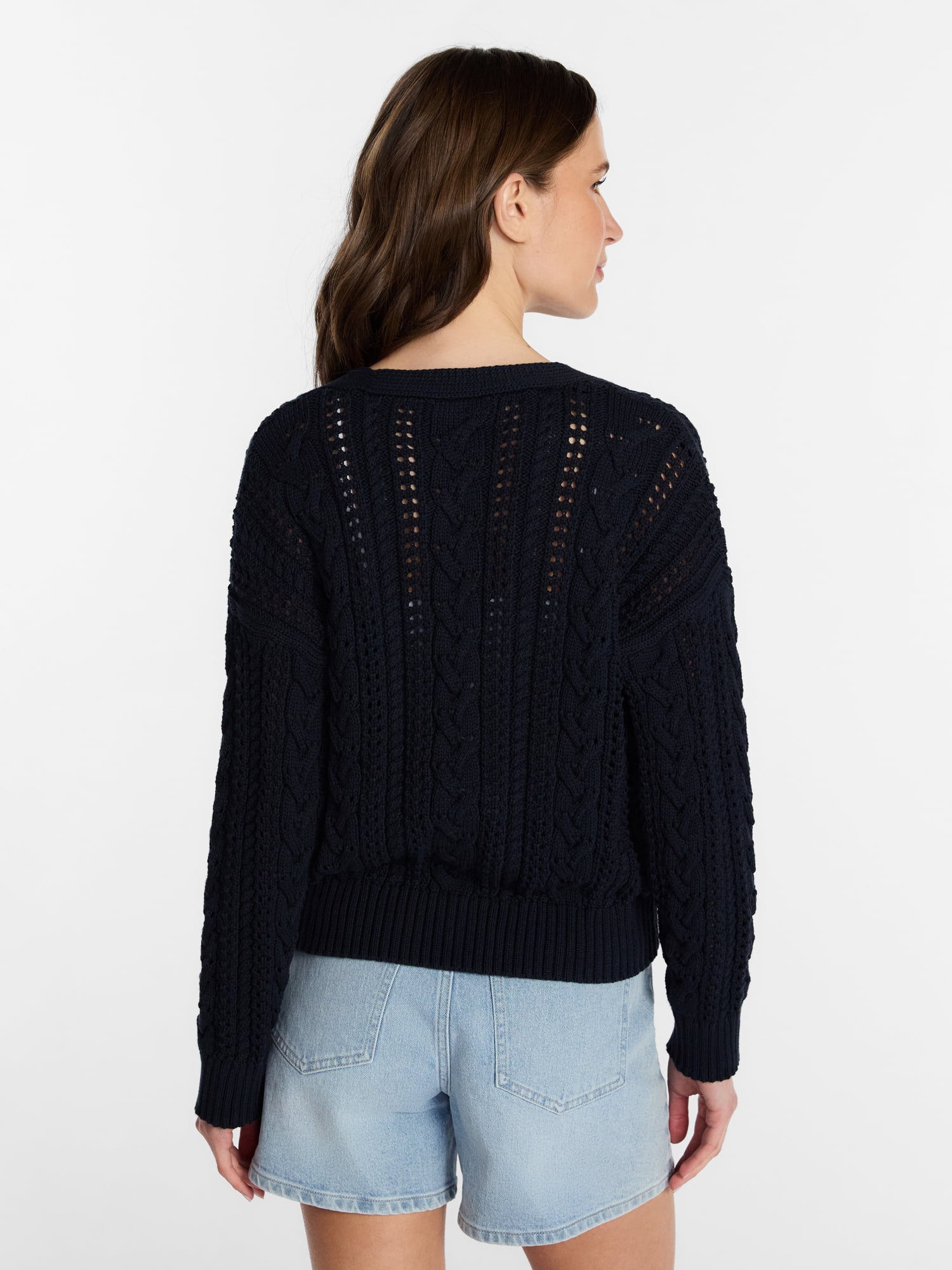 Time and Tru Women's Cable Knit Cardigan Sweater, Lightweight, Sizes XS-XXXL