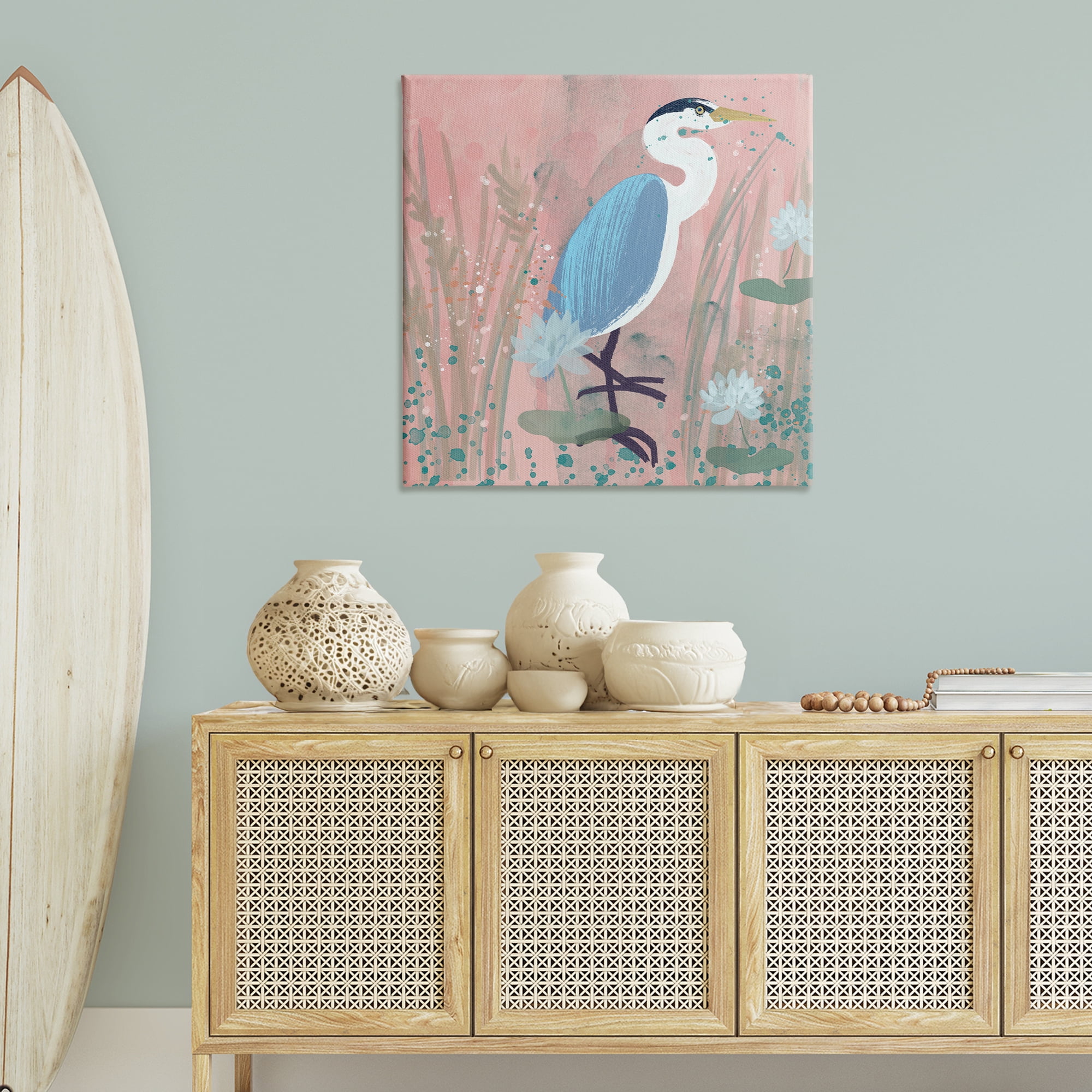 Stupell Industries Coastal Bird with Lotus Flowers Animals & Insects Painting Gallery Wrapped Canvas Art Print Wall Art, 36 x 36