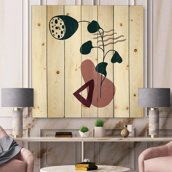 Designart 'Abstract Flowers Plants With Elementary Shapes V' Modern Print on Natural Pine Wood