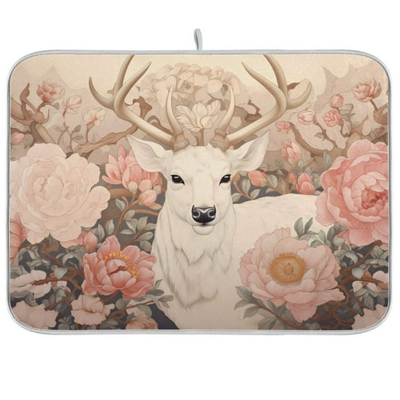 Deer Flowers Floral Pink Dish Drying Mat Dish Drainer Rack Mats Water Absorbent Non-Slip Easy Clean Heat Resistant for Kitchen Counter