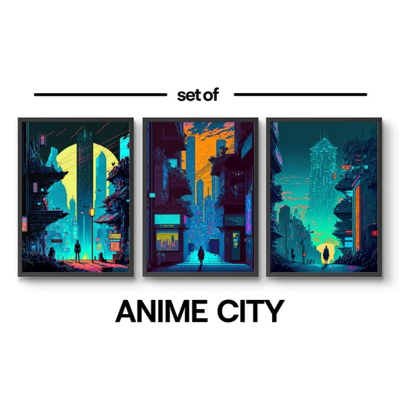 Anime City Posters Japanese Arcade Game Art Neon Glossy Wall Art Modern Home Decor Gift Idea Set 3