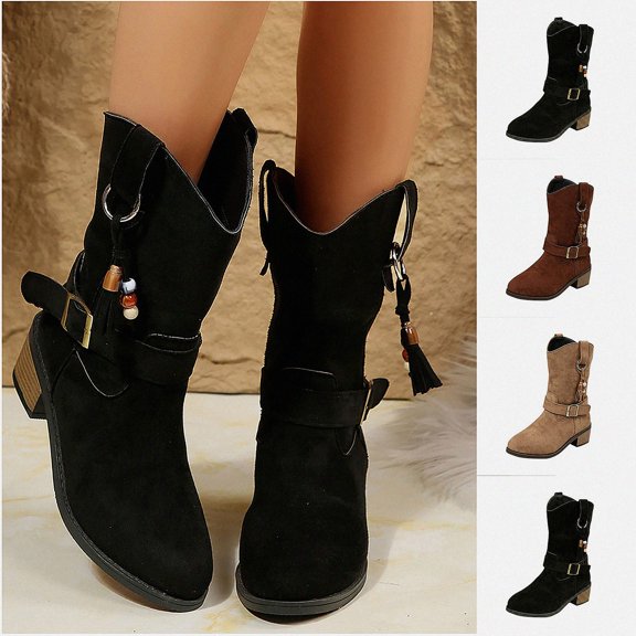 WAVSUF Women's Plus Size Mid Calf Boots Wide Width Buckle Strap Round Toe Fall Suede Trendy Chunky Boots Black 6