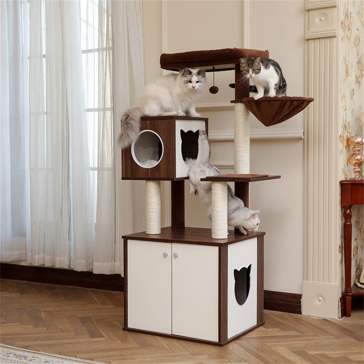 Pefilos Modern Cat Tree for Indoor Cats, 59”Multifunctional Cat Tree Tower for Adult Cats with Little Box Cabinet, Cat Condo for Large Cats, Wood Hidden Litter Box Furniture for Cat, Brown Pefilos Modern Cat Tree for Indoor Cats, 59”Multifunctional Cat Tree Tower for Adult Cats with Little Box Cabinet, Cat Condo for Large Cats, Wood Hidden Litter Box Furniture for Cat, Brown