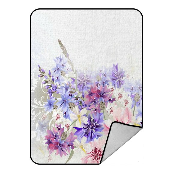 ECZJNT White, Blue Floral Polyester Plush Throw, 80" x 58"