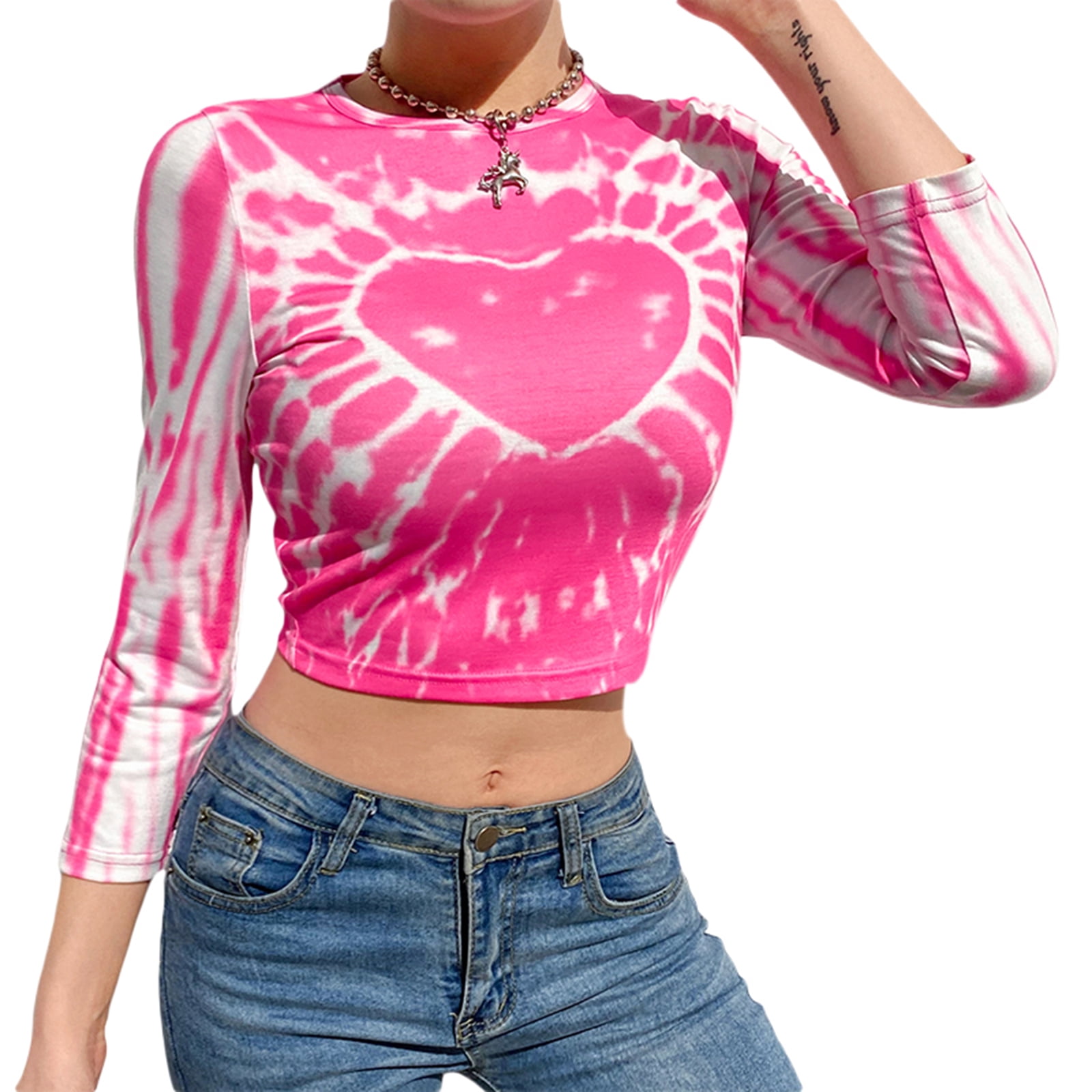 Heart Tie-dye Round Neck Exposed Navel 