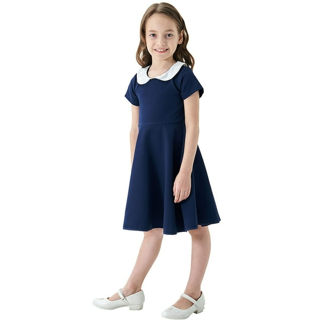 Robe Classique et d'Été pour Filles pour l'École Quotidienne, Manches Courtes, Col Rond, pour Enfants de 4 à 13 Ans, Couleur Contrastée